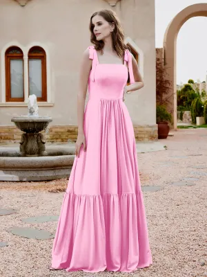 A-Line Bow Ruffle Sleeveless Chiffon Dress Candy Pink