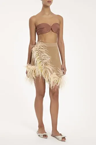 Adriana Degreas, Solid Short Skirt with Feathers, M, Nude