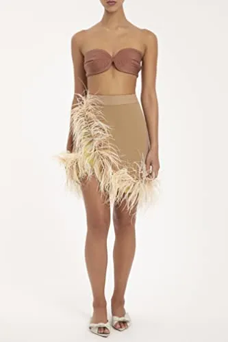 Adriana Degreas, Solid Short Skirt with Feathers, M, Nude