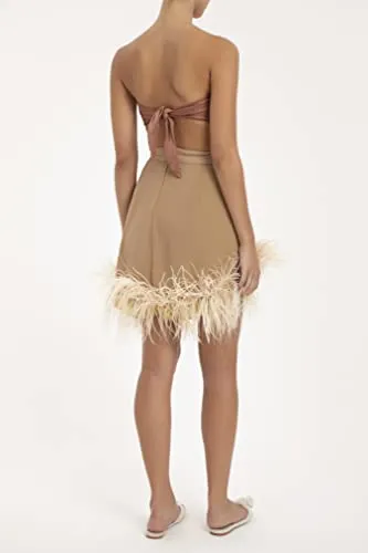 Adriana Degreas, Solid Short Skirt with Feathers, M, Nude