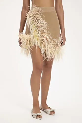 Adriana Degreas, Solid Short Skirt with Feathers, M, Nude