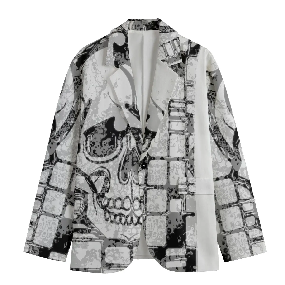 All-Over Print Men's Casual Flat Lapel Collar Blazer | 245 GSM Cotton black and gray skull print