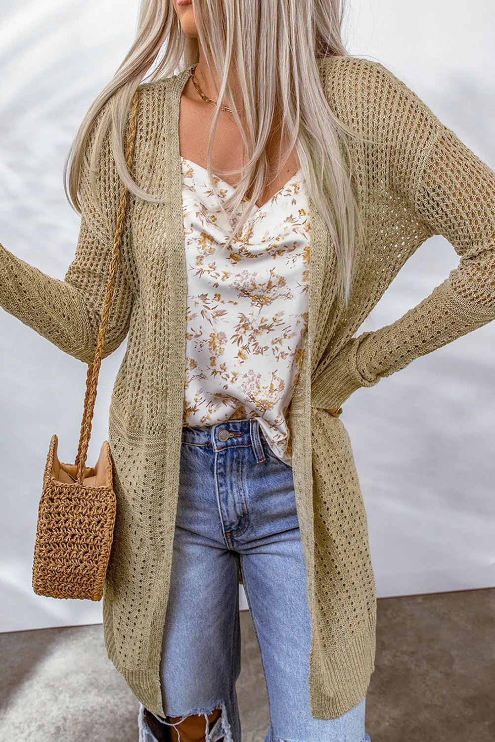 Apricot Lightweight Hollowed Knit Open Front Cardigan