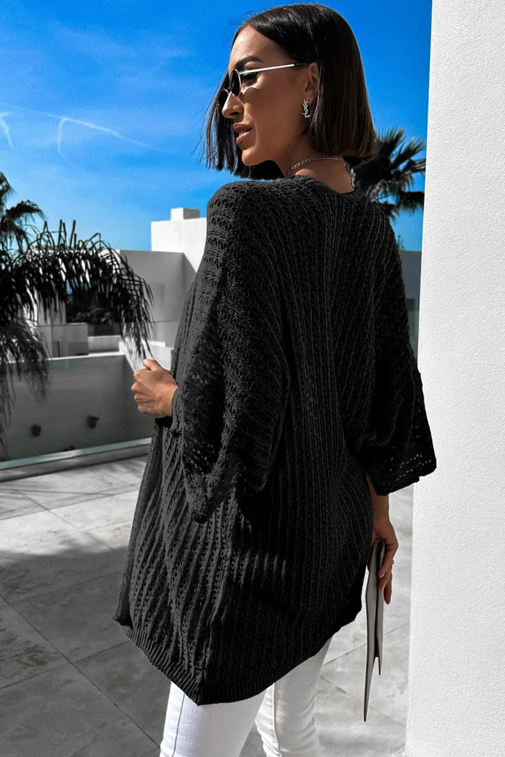 Black Hollow-out Knit Kimono Lightweight Cardigan