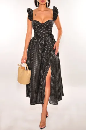 Black White Polka Dot Padded Underwire Belted Ruffle Slit Dress