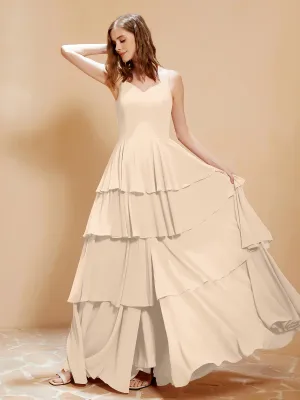 Boho V-neck Floor-length Dress Flowy Ruffles Champagne