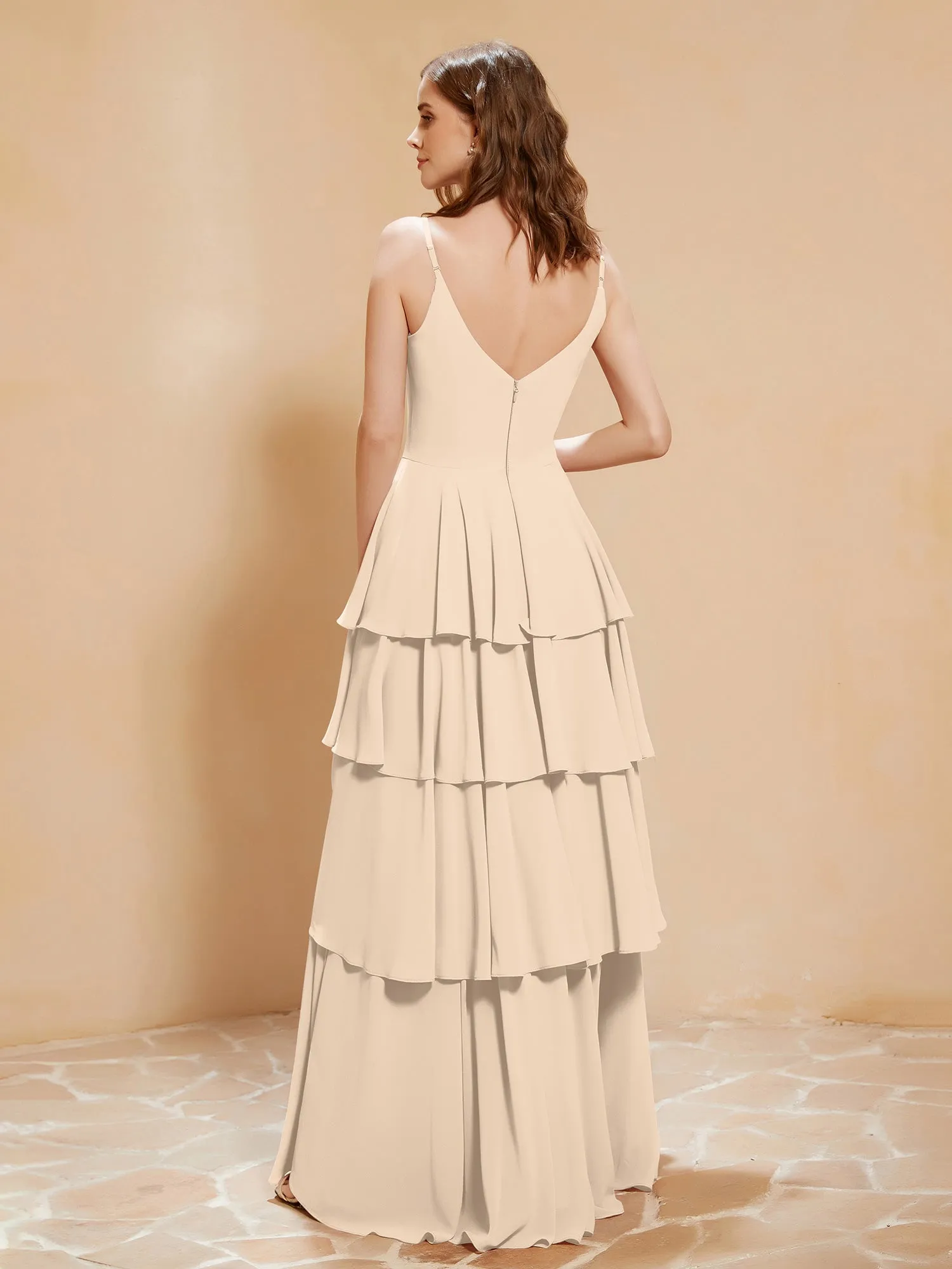 Boho V-neck Floor-length Dress Flowy Ruffles Champagne