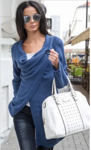 Cardigan Pile Collar Pure Color Irregular Knit Sweater