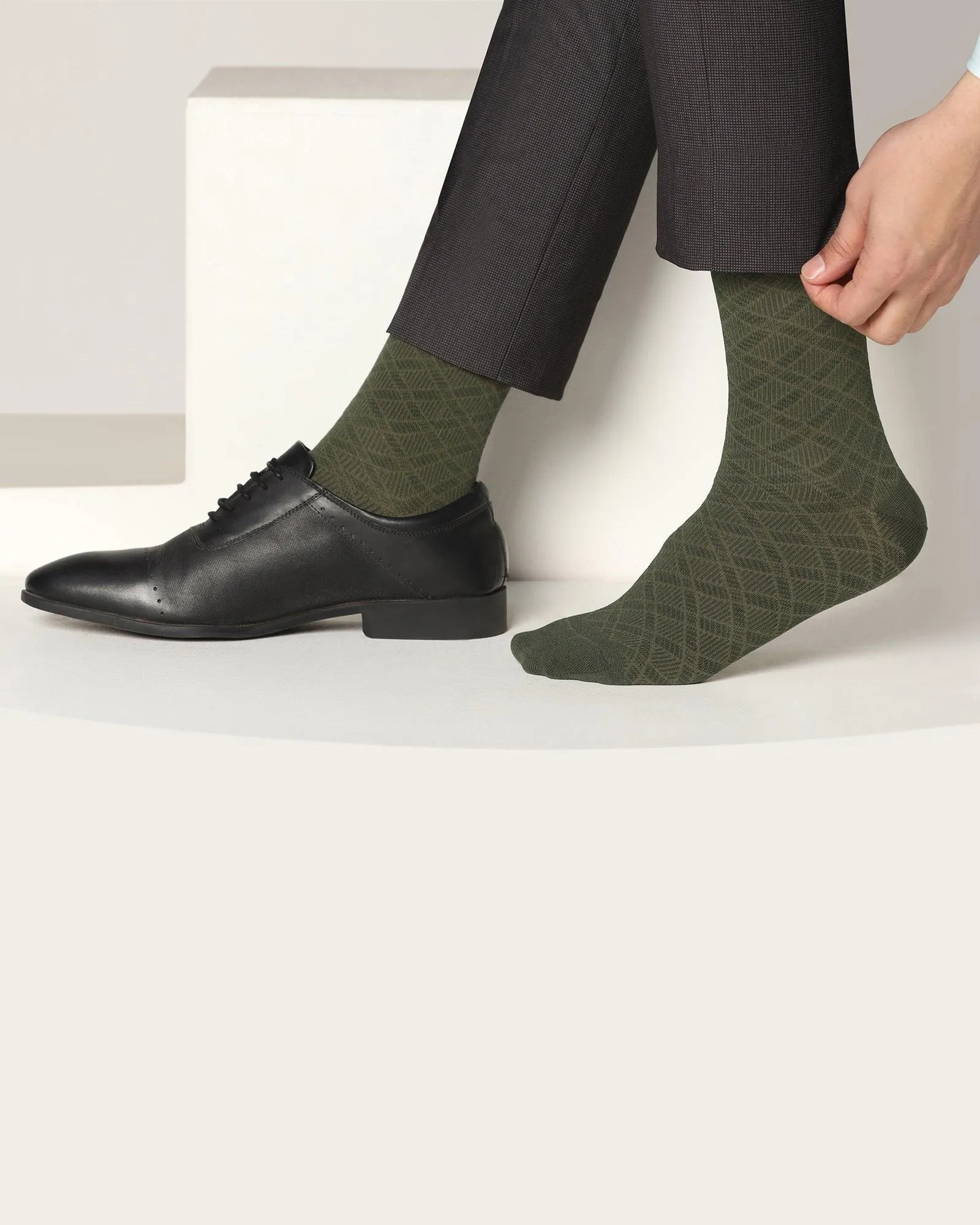 Cotton Dark Olive Check Socks - Saffron