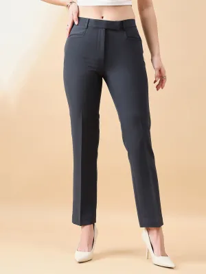 Dark Grey Polyester & Viscose Blend Comfort Fit Stretch Pant