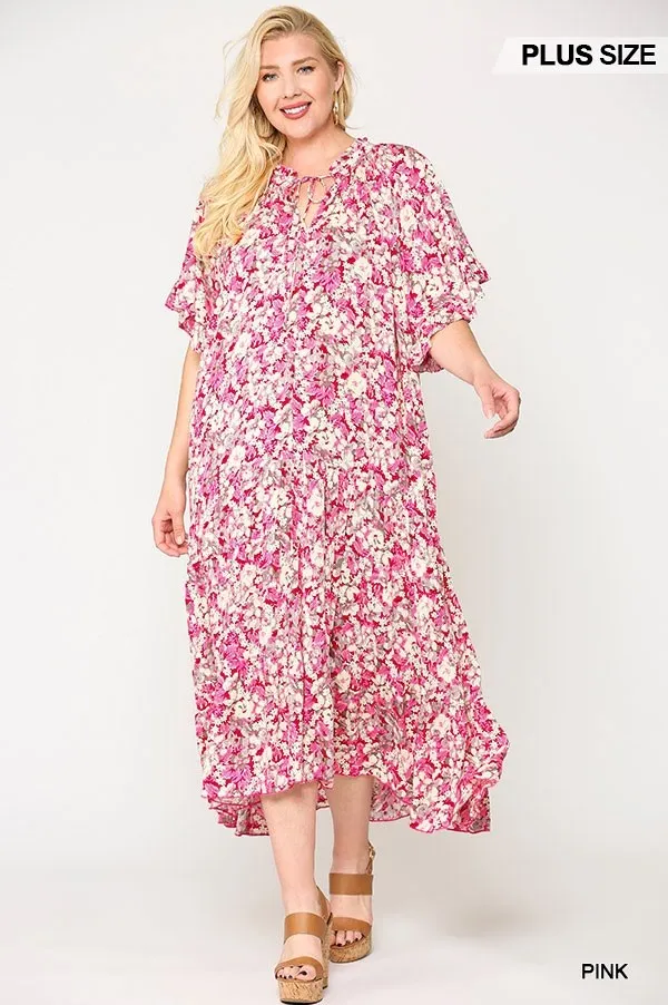 Floral Frill Detail Flowy Maxi Dress With Neck Tie