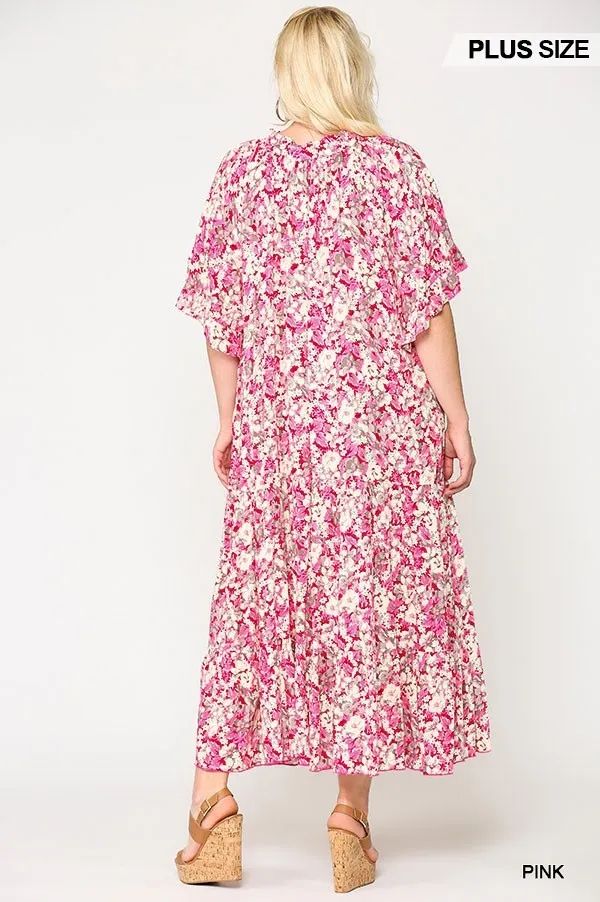 Floral Frill Detail Flowy Maxi Dress With Neck Tie