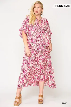 Floral Frill Detail Flowy Maxi Dress With Neck Tie