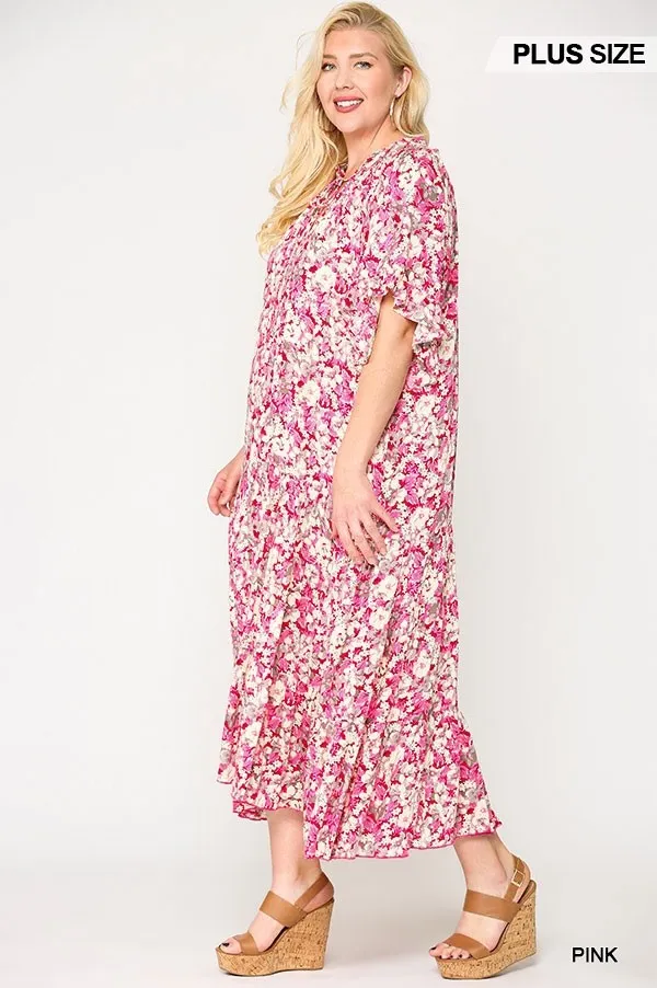 Floral Frill Detail Flowy Maxi Dress With Neck Tie