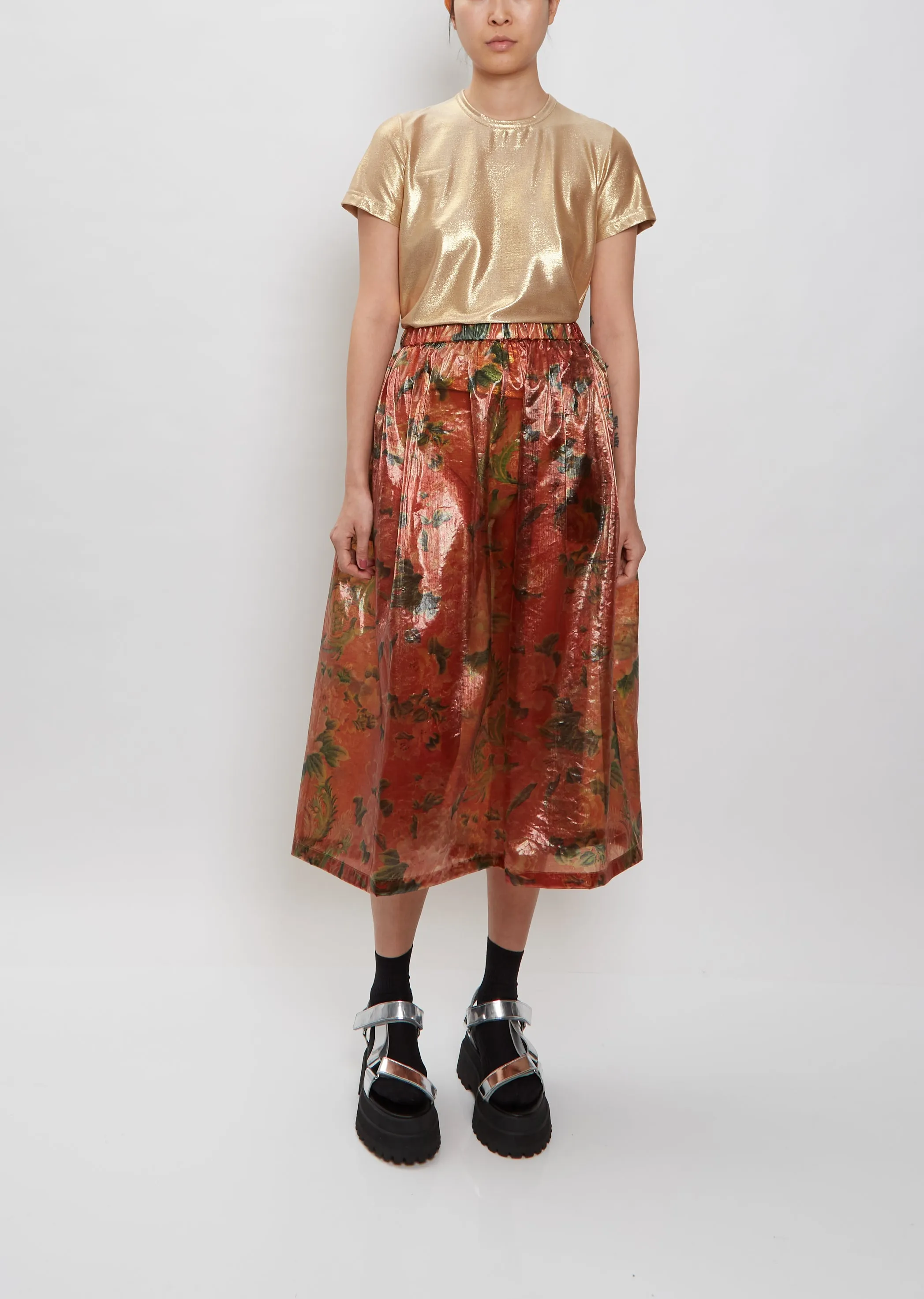 Floral Metallic Midi Skirt