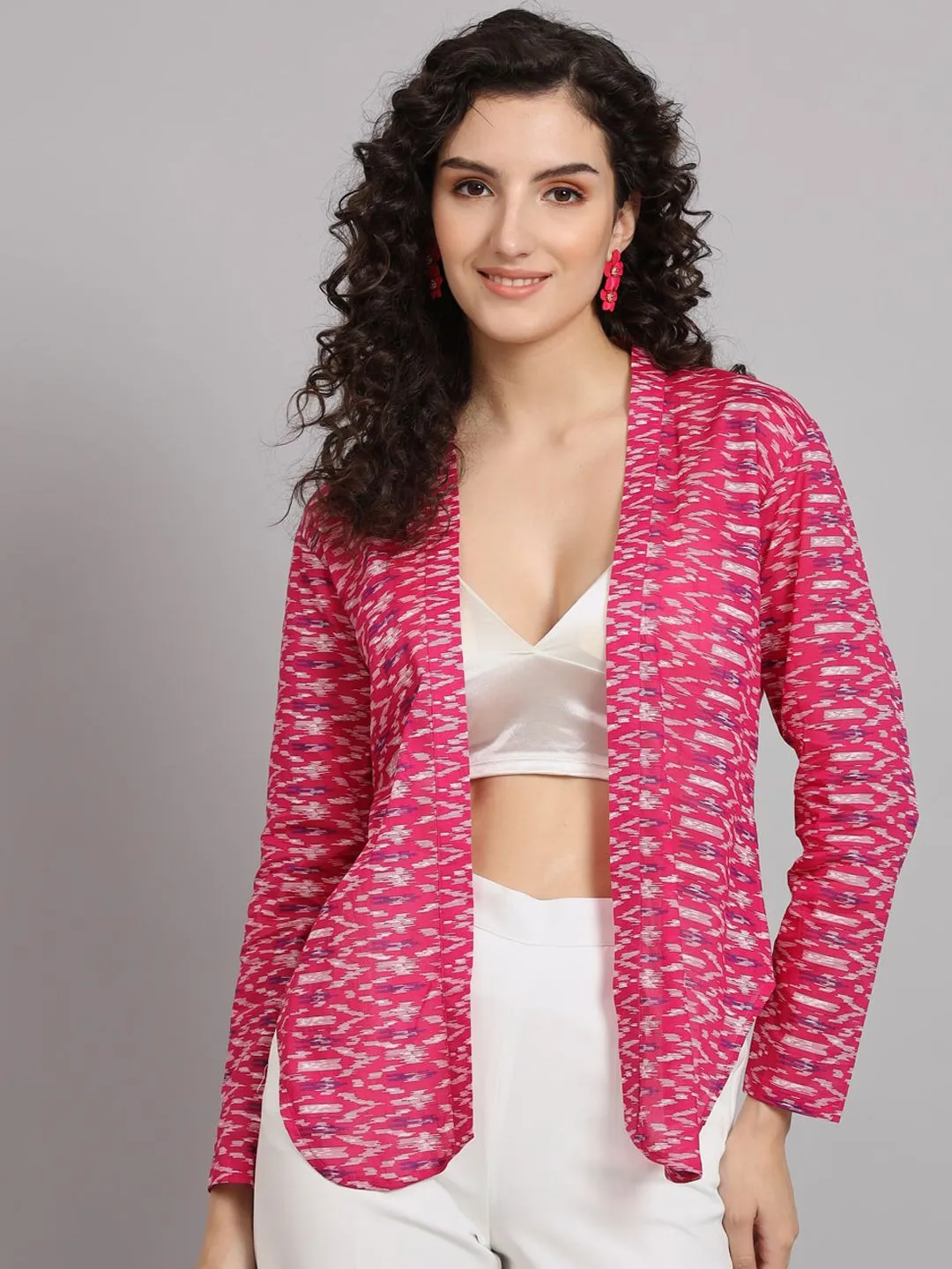 Front Open Ikat Print Jacket - White & Pink