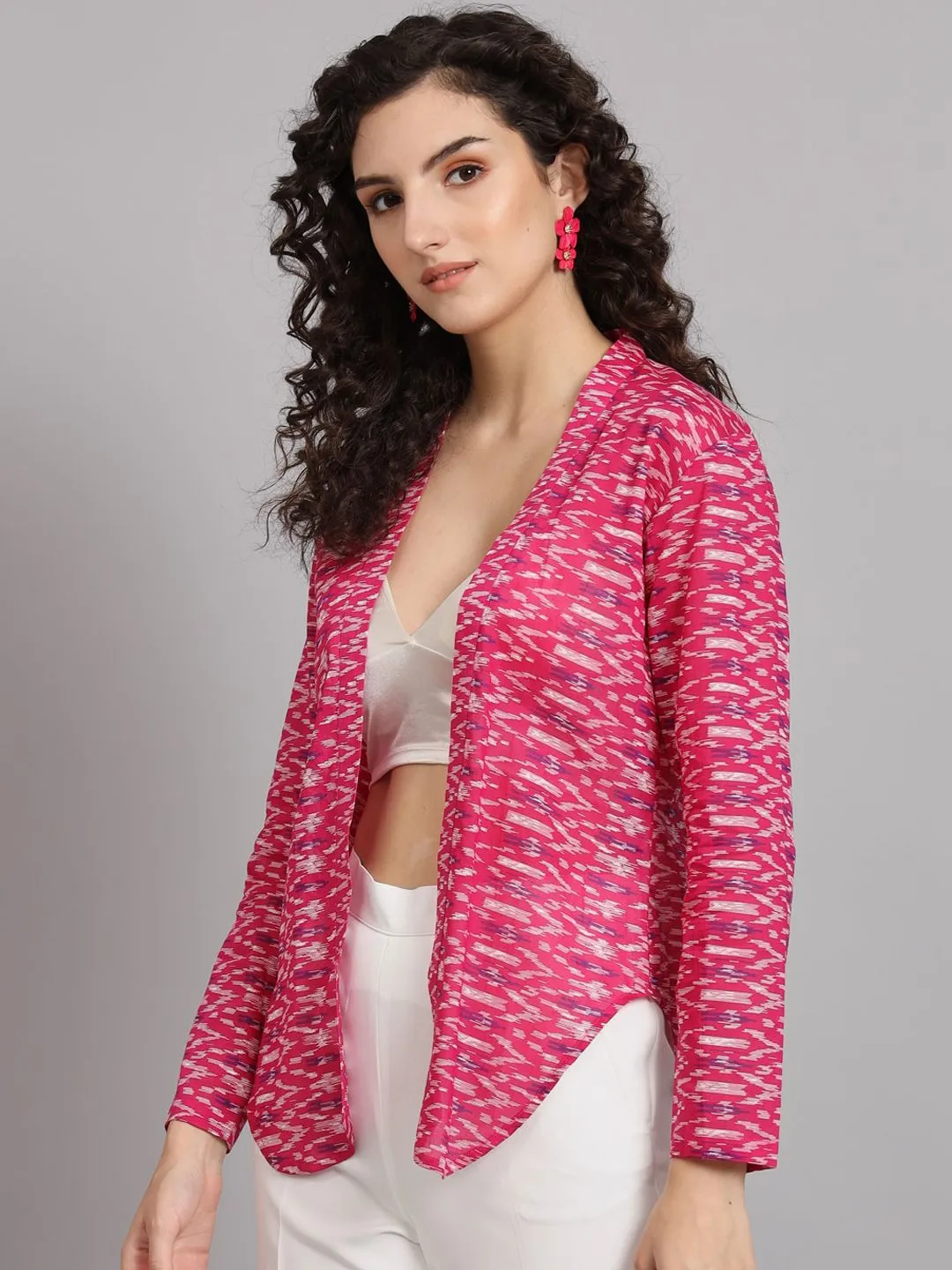 Front Open Ikat Print Jacket - White & Pink