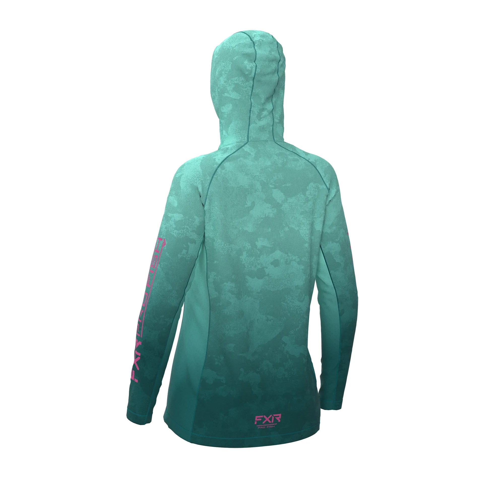 FXR  Womens Derby UPF Pullover Hoodie Seafoam Camo Electric Pink Polyester DWR