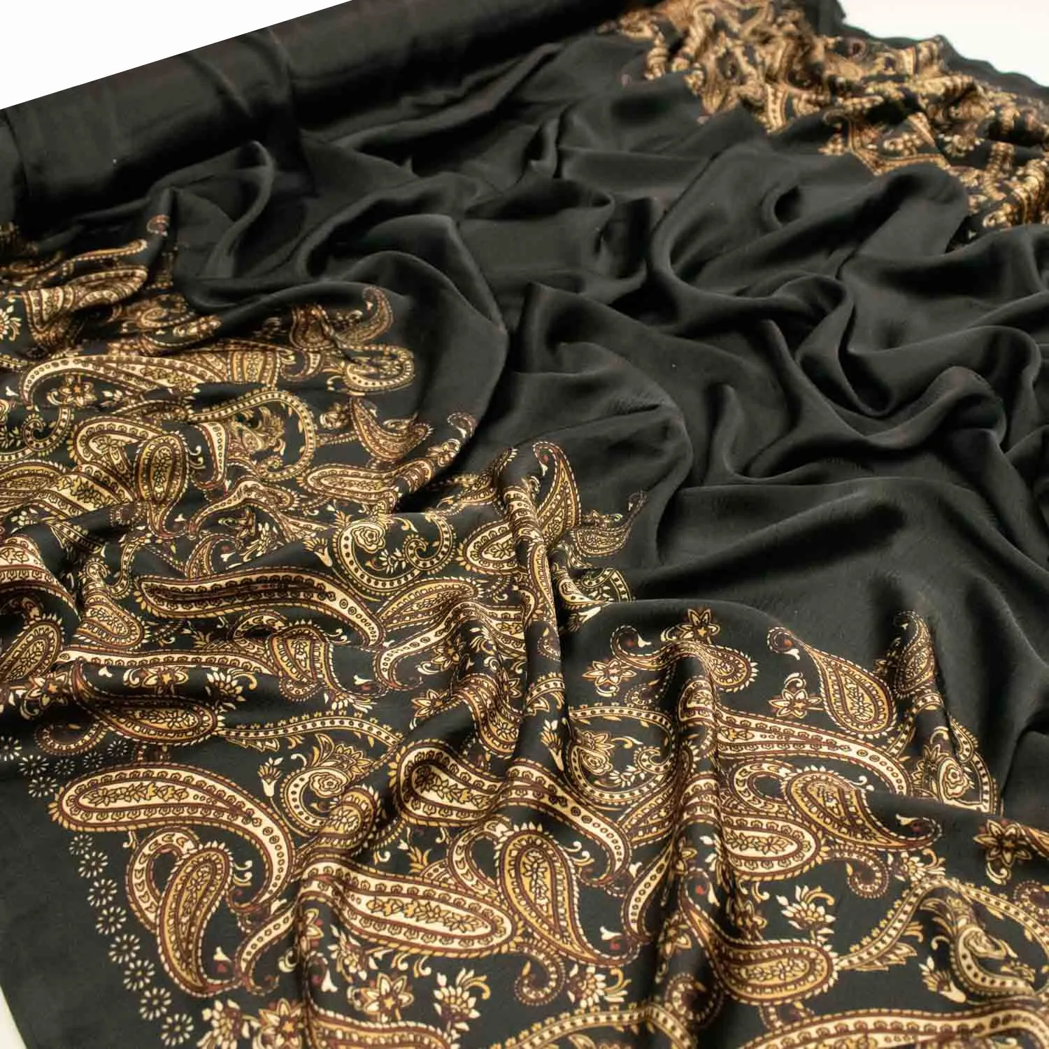 Gold Paisley Border Prints Satin & chiffon