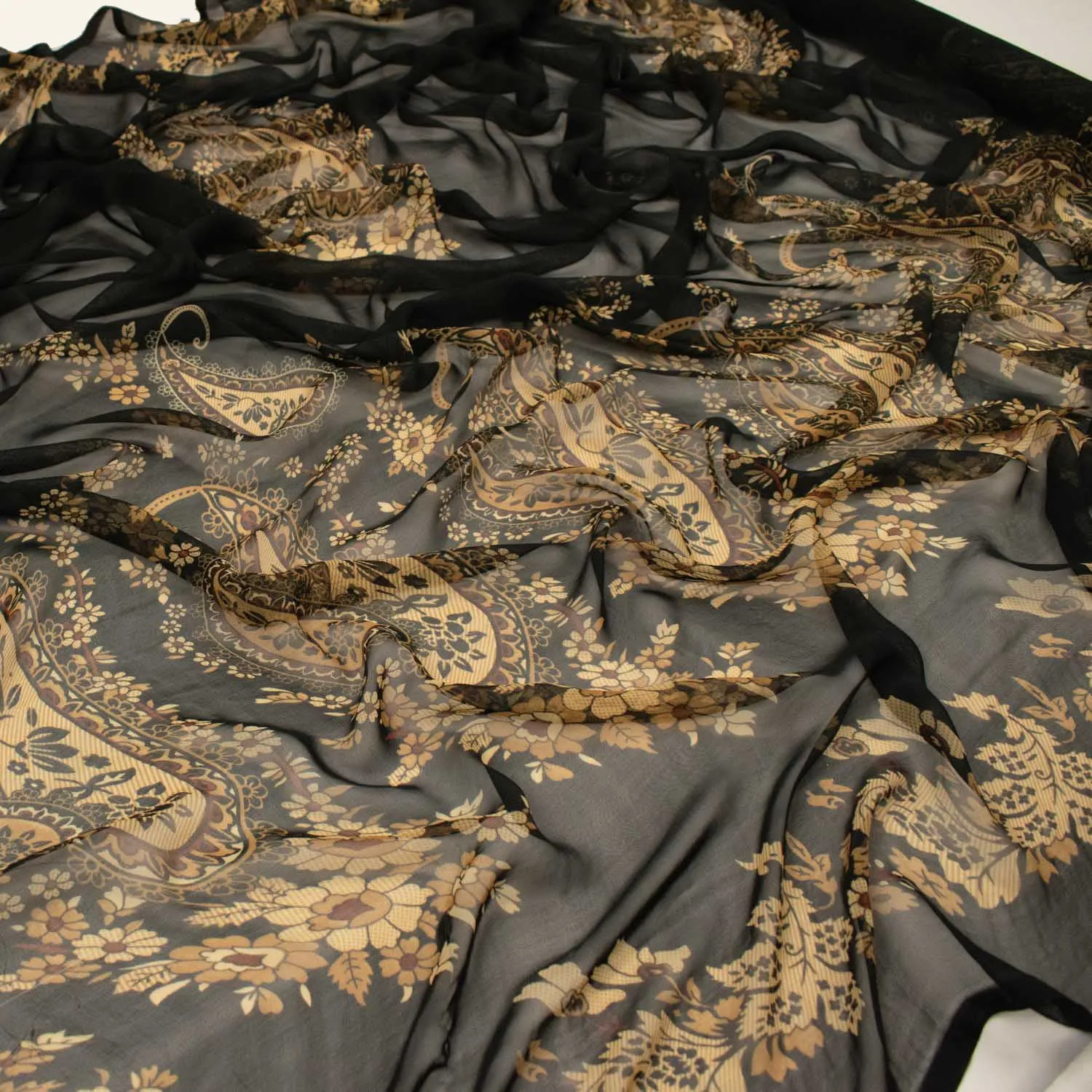 Gold Paisley Border Prints Satin & chiffon