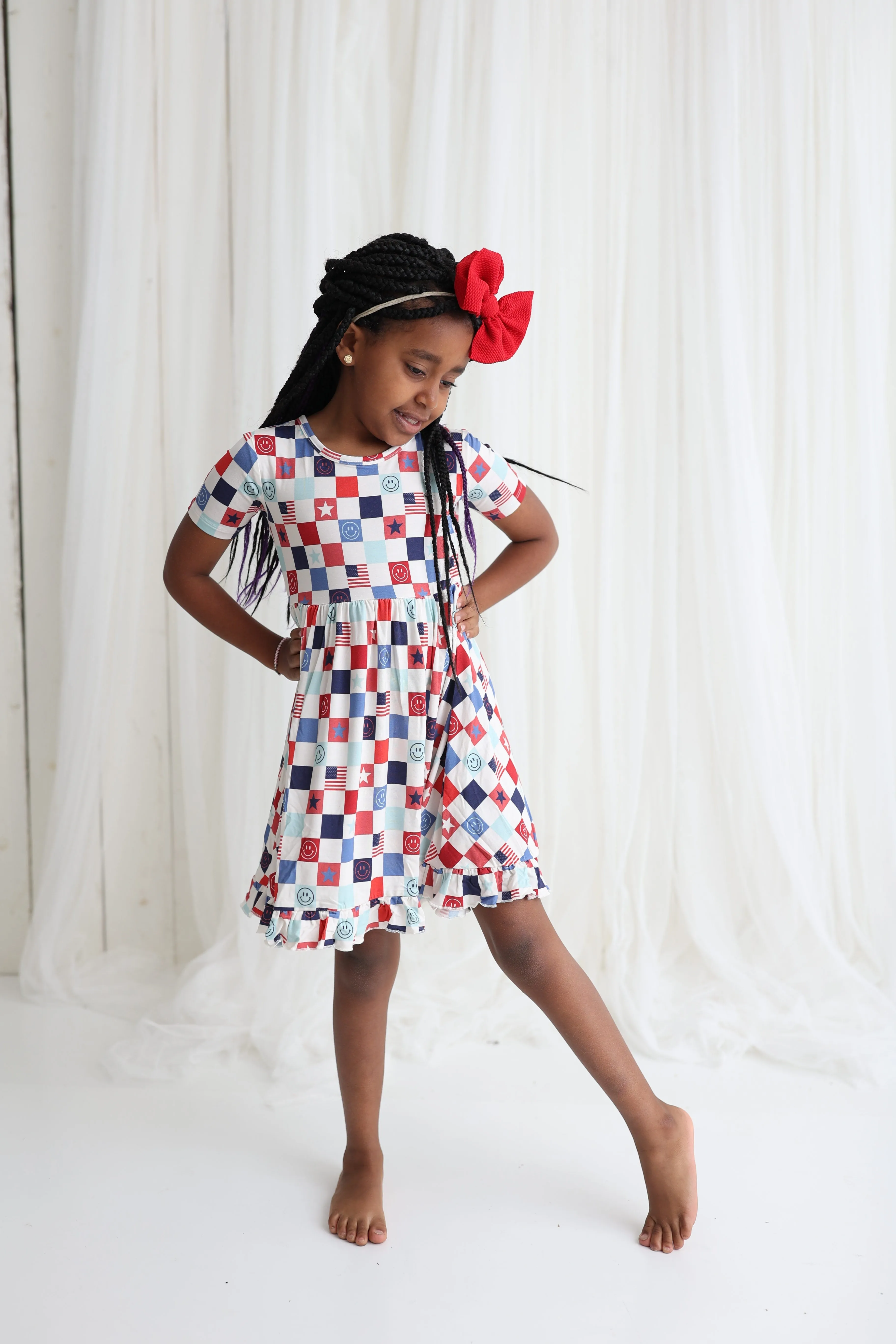 HOME OF THE FREE CHECKERS DREAM RUFFLE DRESS