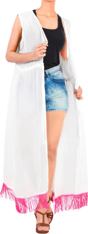 LA LEELA Kimono Cardigan Bikini Cover up jacket loose Blouse Cover Up Ghost White_A398