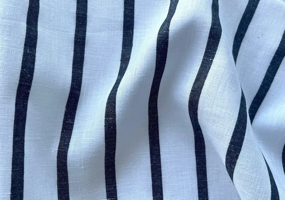 Light-Weight Classic Obsidian & White Wisp Striped Linen (Made in Poland)