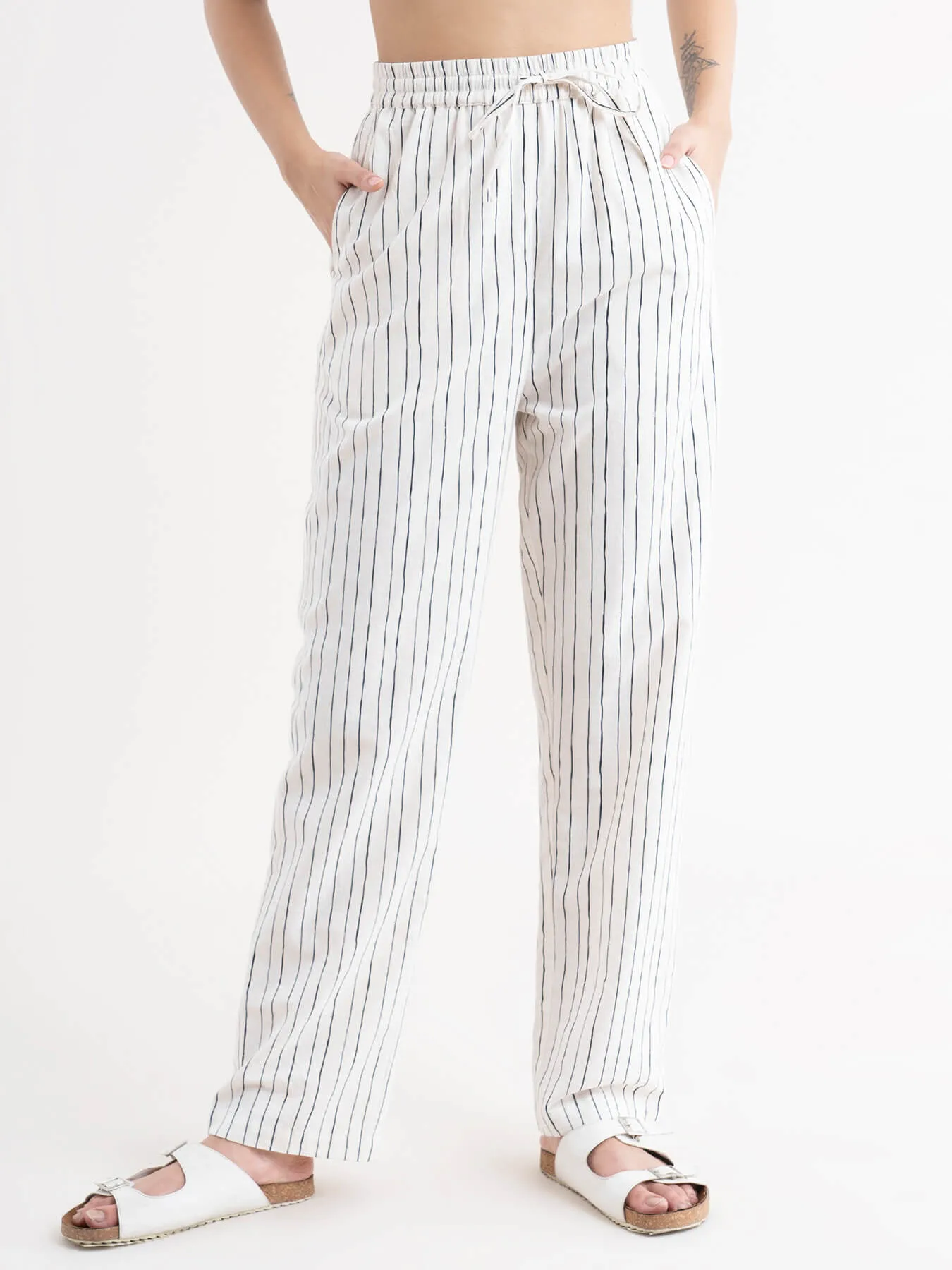 Linen Striped Drawstring Trousers - White