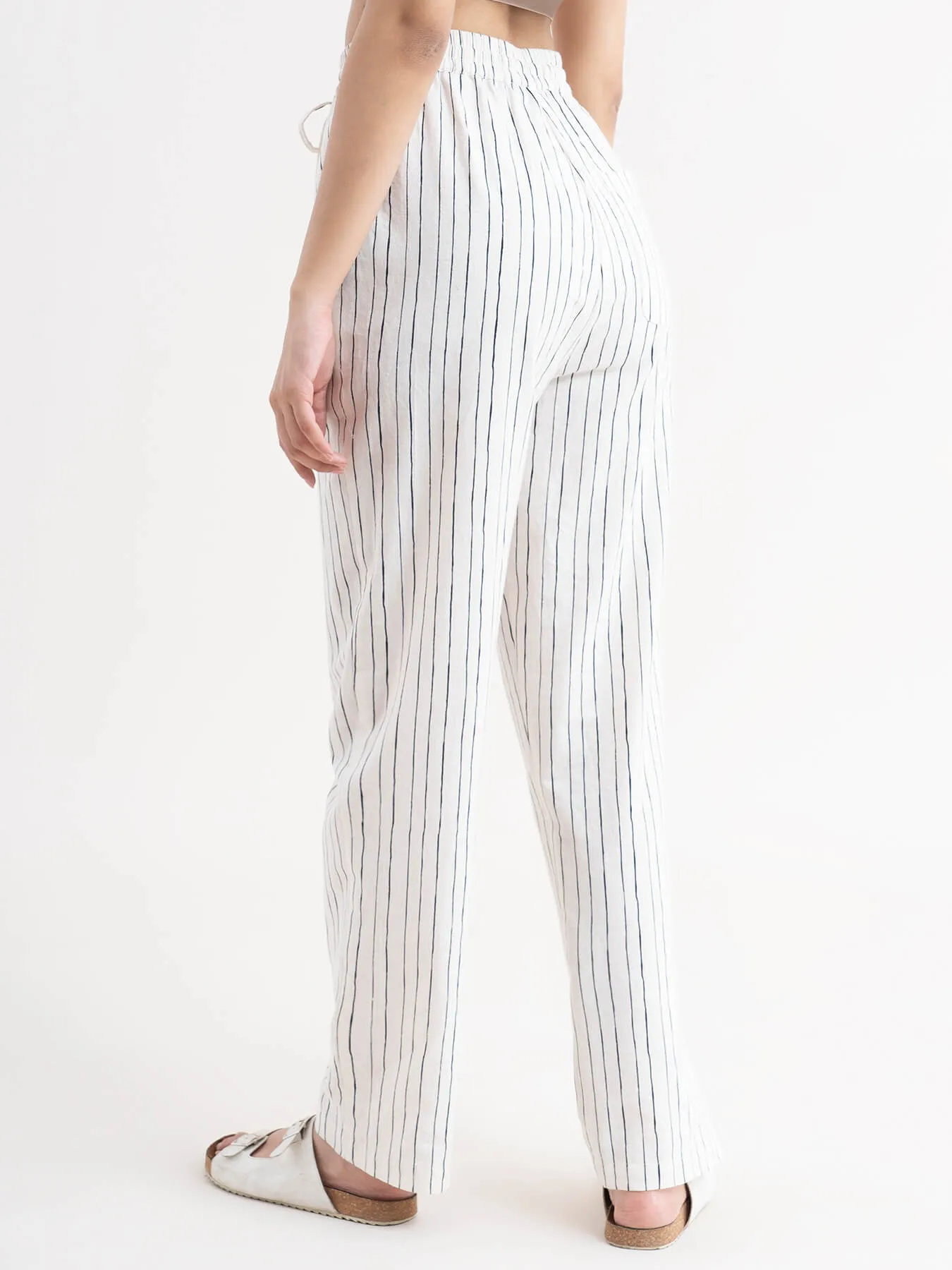 Linen Striped Drawstring Trousers - White