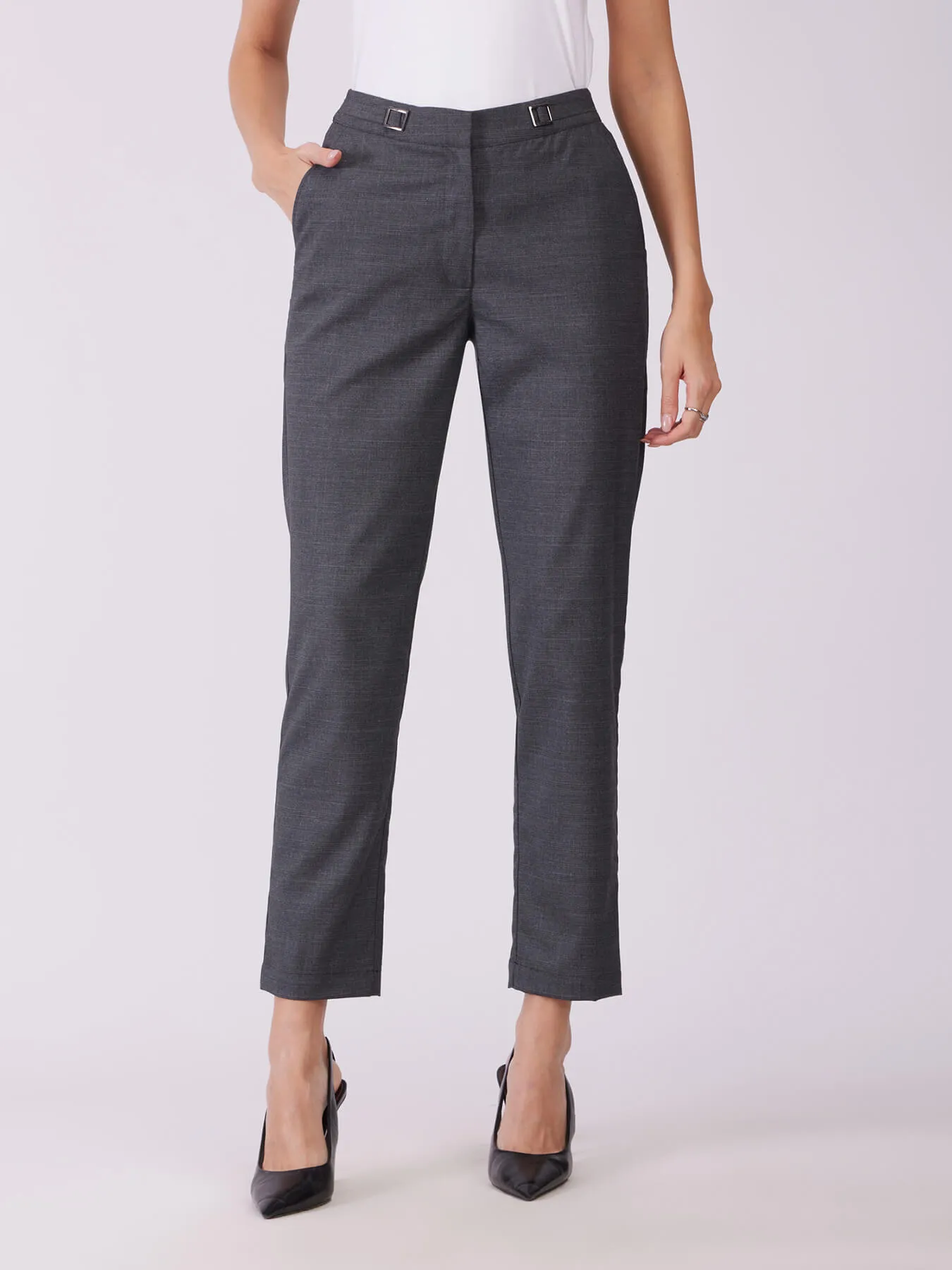 Metal Buckle Straight Fit Trousers - Grey