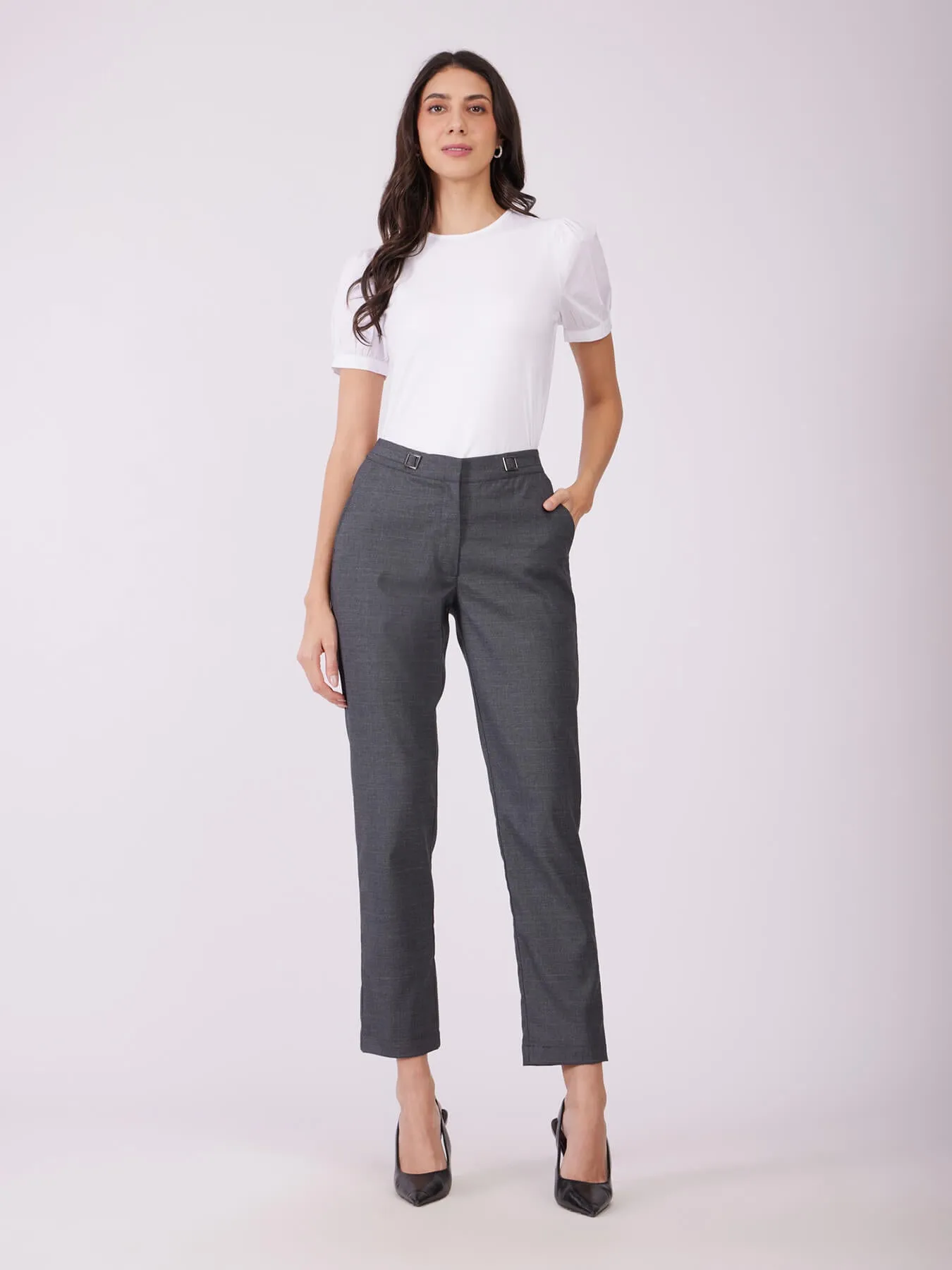 Metal Buckle Straight Fit Trousers - Grey