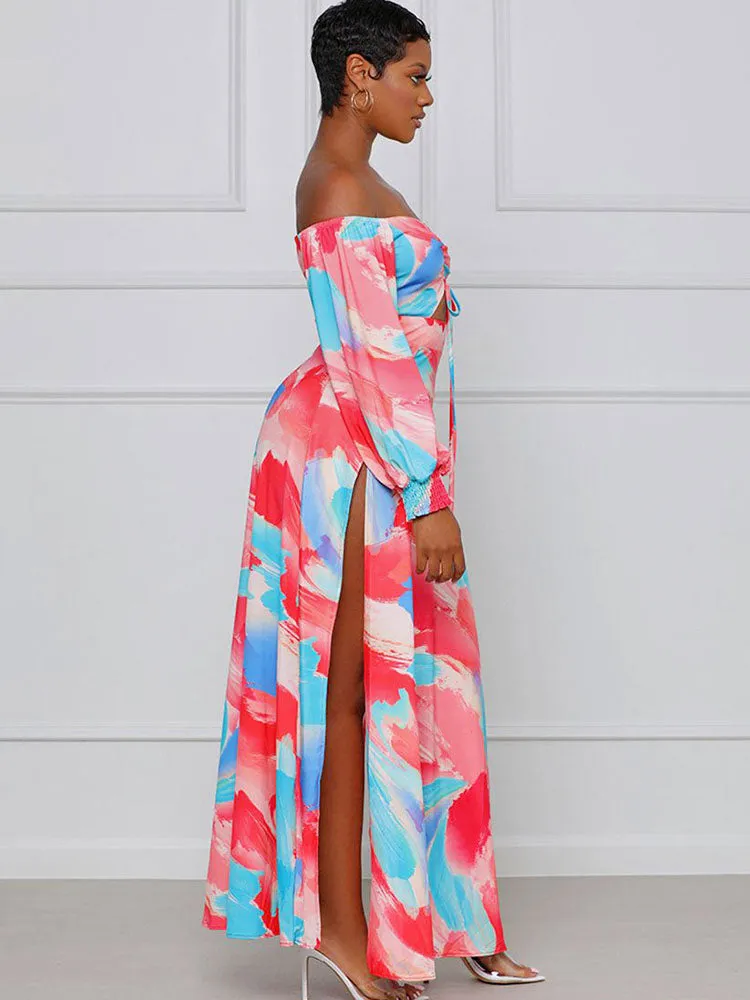 Off Shoulder Floral Print Flowy Maxi Dresses