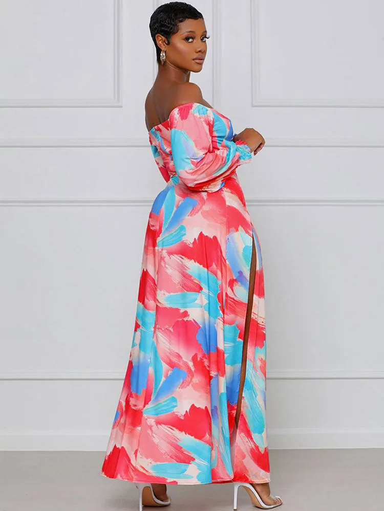 Off Shoulder Floral Print Flowy Maxi Dresses