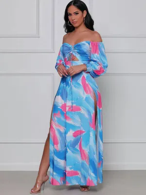 Off Shoulder Floral Print Flowy Maxi Dresses