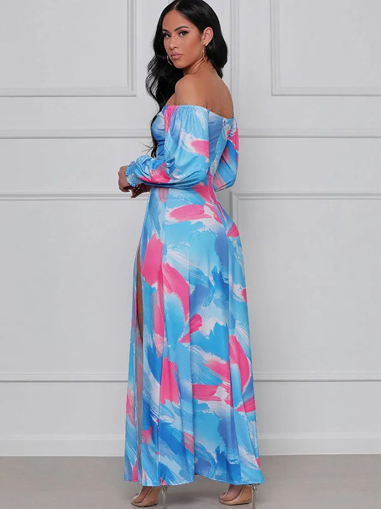 Off Shoulder Floral Print Flowy Maxi Dresses