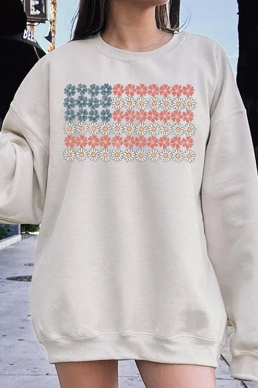 Patriotic Flower Flag Graphic Fleece Sweatshirts