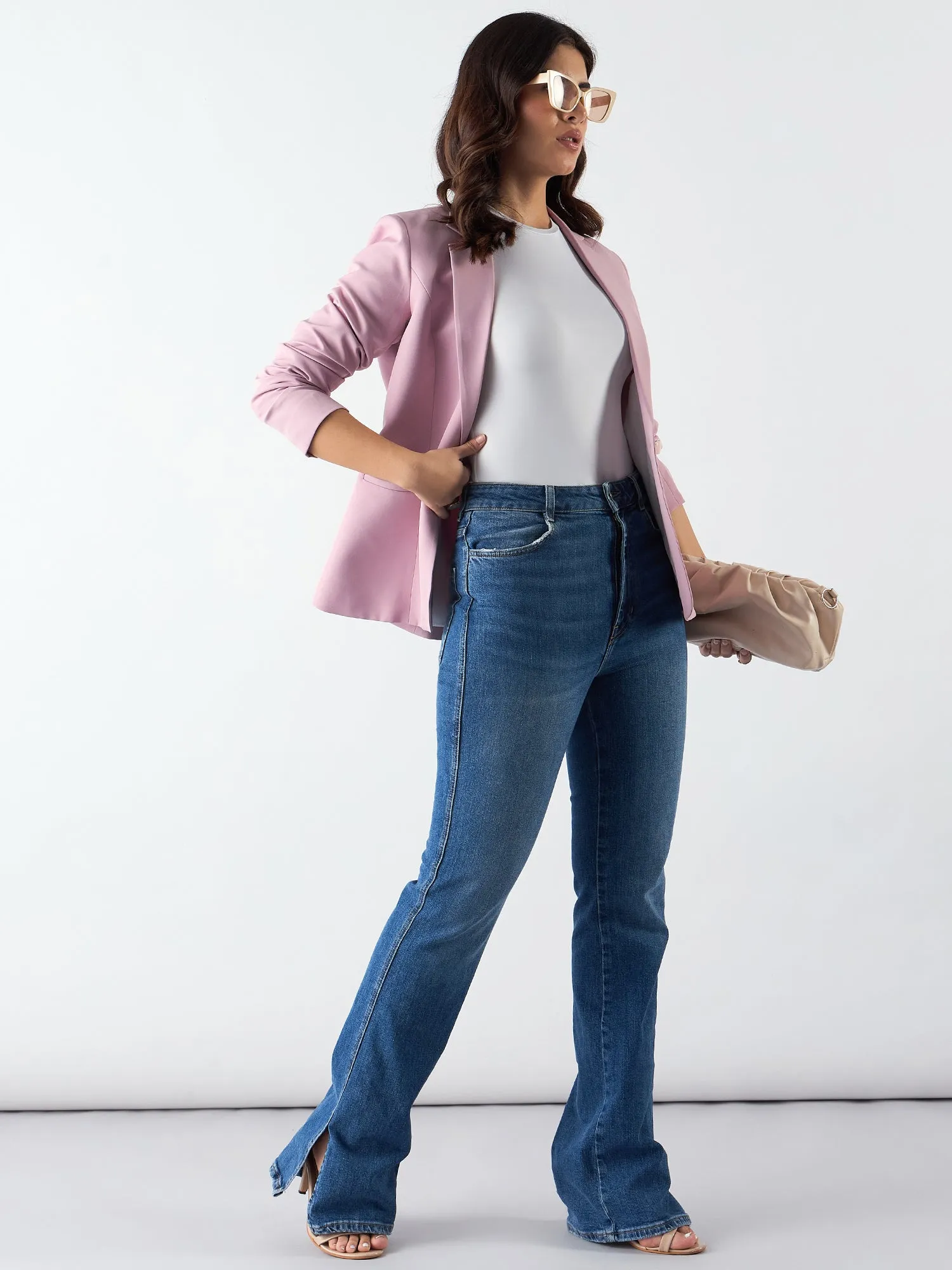 Pink Notched Lapel Single Breasted Blazer In Stretchable Fabric