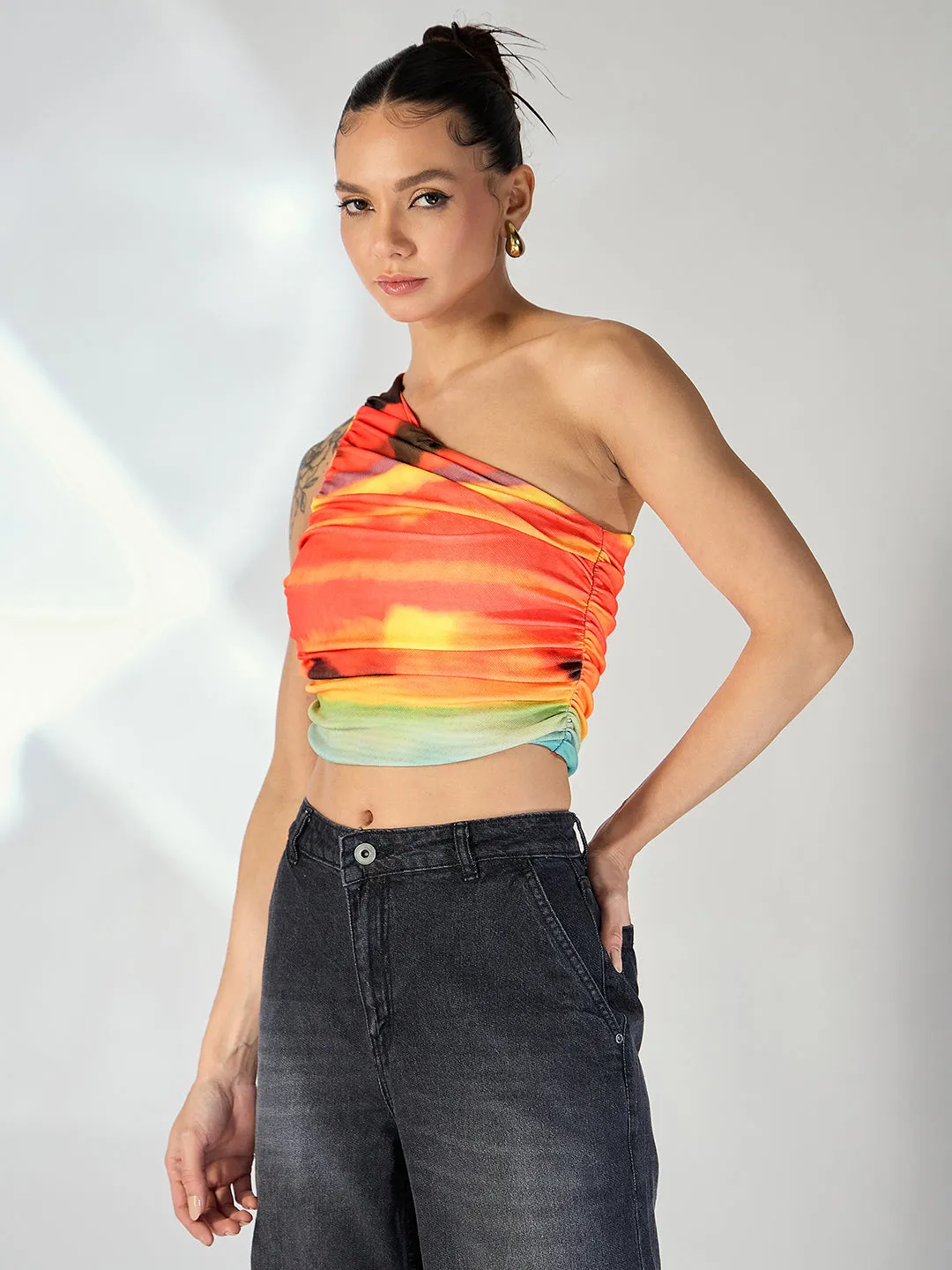 Printed Stretchable One Shoulder Top with Gathered Sides