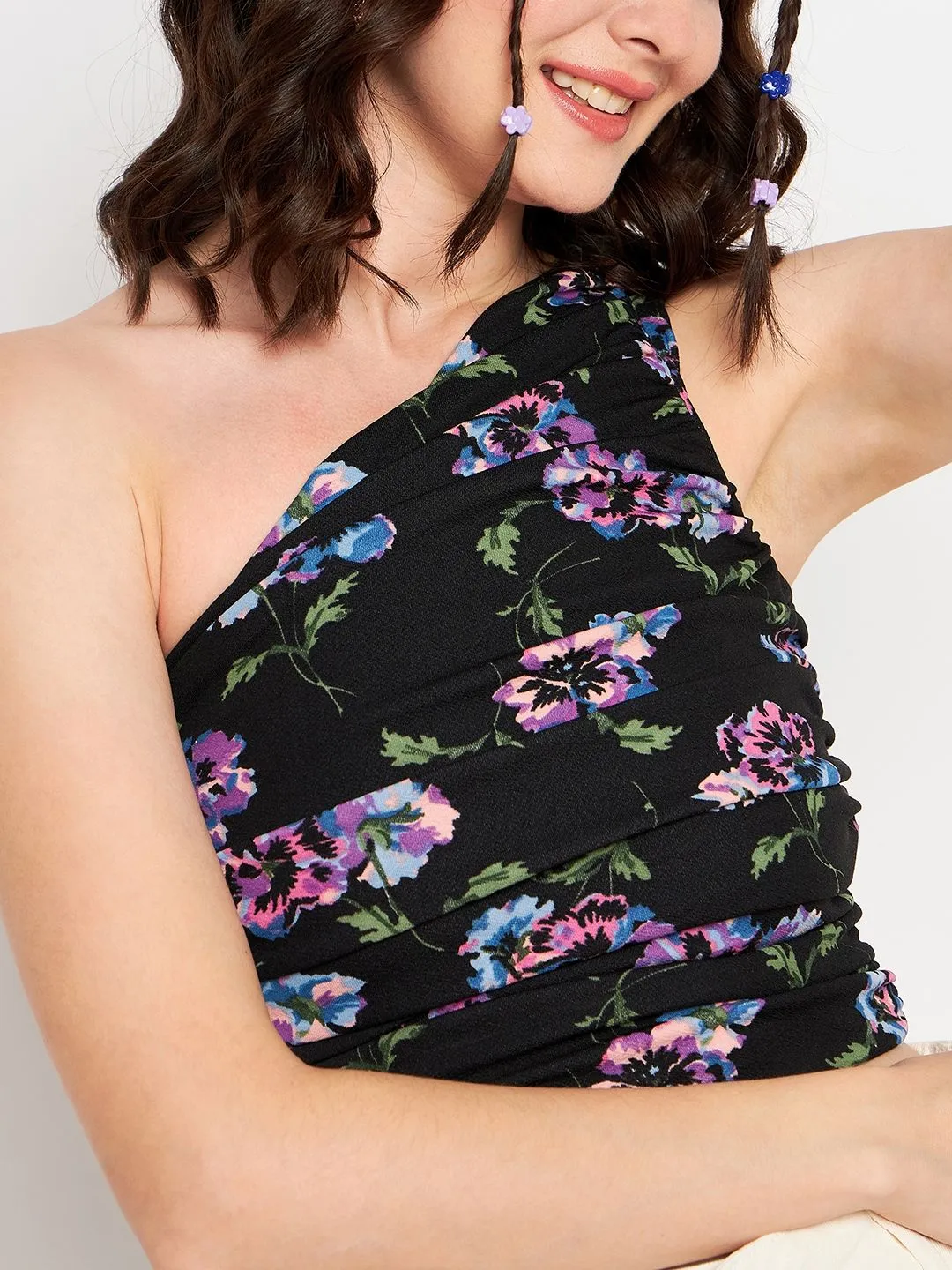 Printed Stretchable One Shoulder Top with Gathered Sides