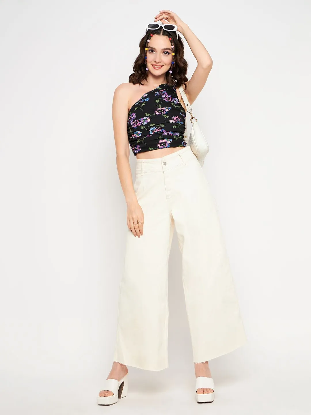 Printed Stretchable One Shoulder Top with Gathered Sides