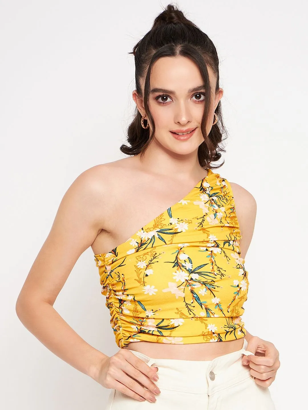 Printed Stretchable One Shoulder Top with Gathered Sides