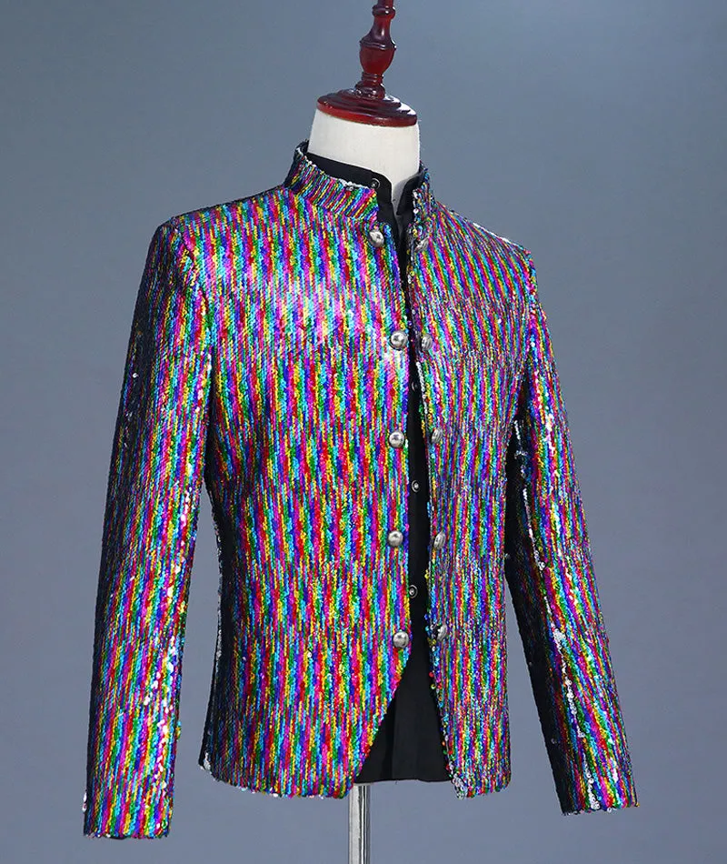 Rainbow Color Sequin Single Breasted Stand Collar Style Men Blazer