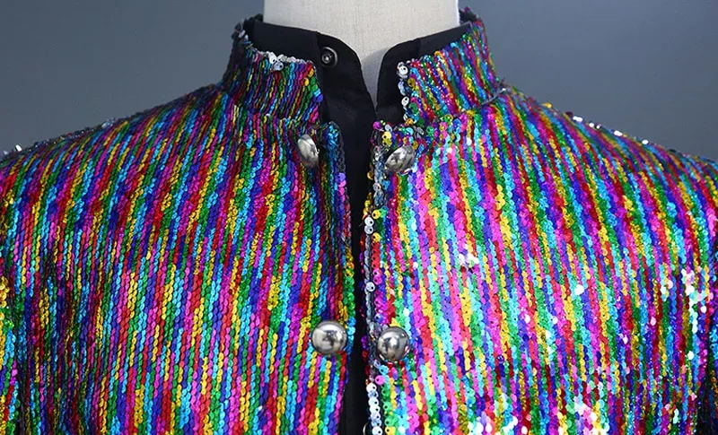 Rainbow Color Sequin Single Breasted Stand Collar Style Men Blazer