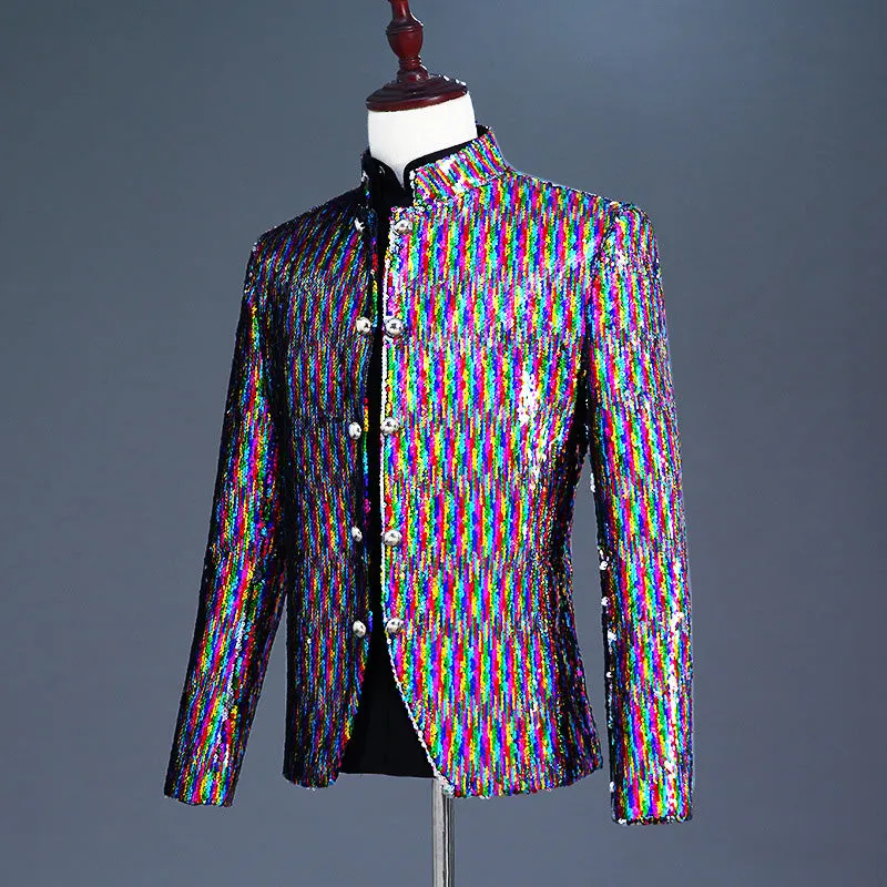 Rainbow Color Sequin Single Breasted Stand Collar Style Men Blazer