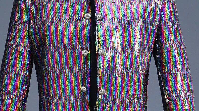 Rainbow Color Sequin Single Breasted Stand Collar Style Men Blazer