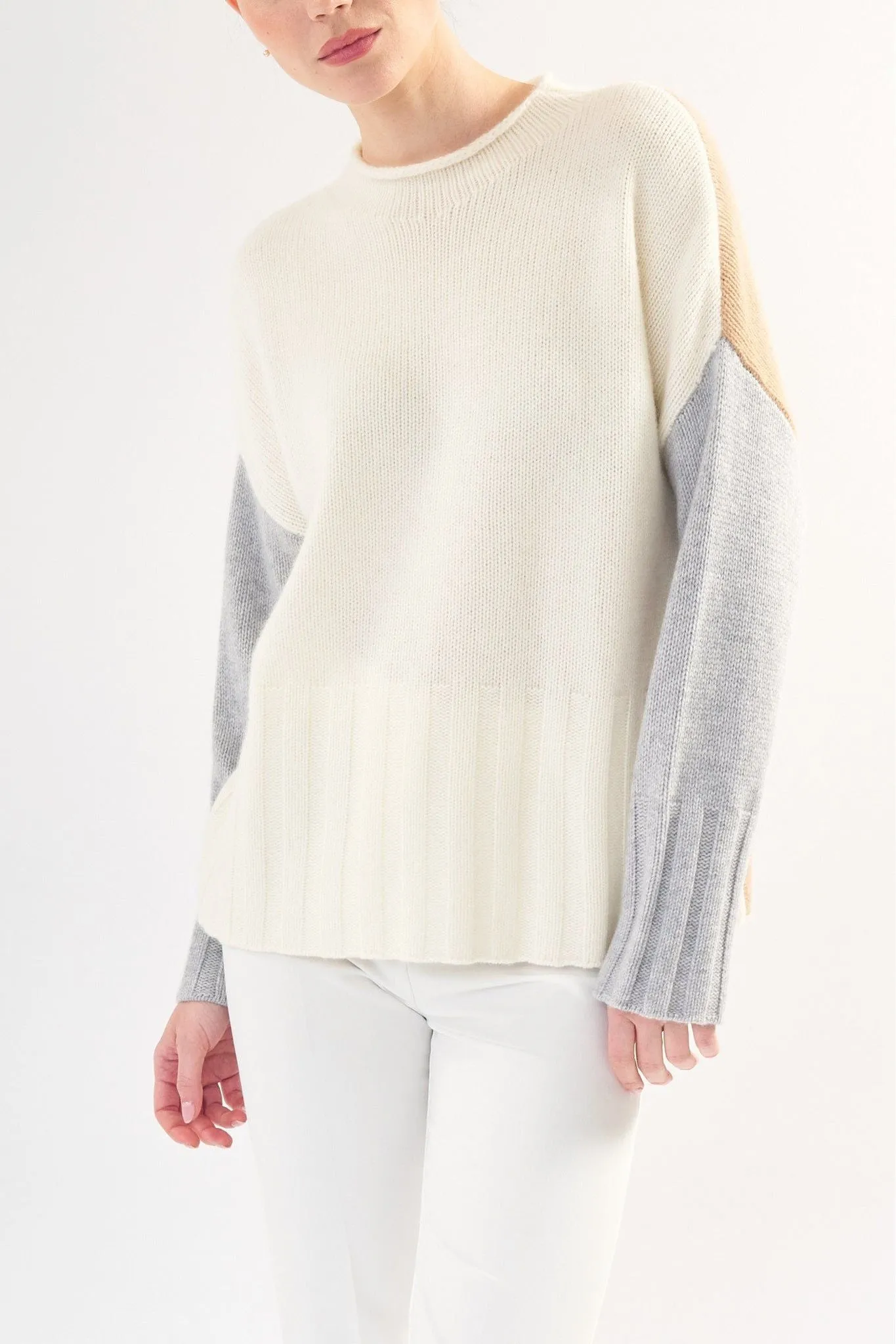 Robertson Madison 100% Cashmere Rib Hem and Cuff Sweater CC-115D | Light Color Block | Clearance Final Sale