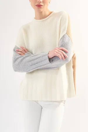 Robertson Madison 100% Cashmere Rib Hem and Cuff Sweater CC-115D | Light Color Block | Clearance Final Sale