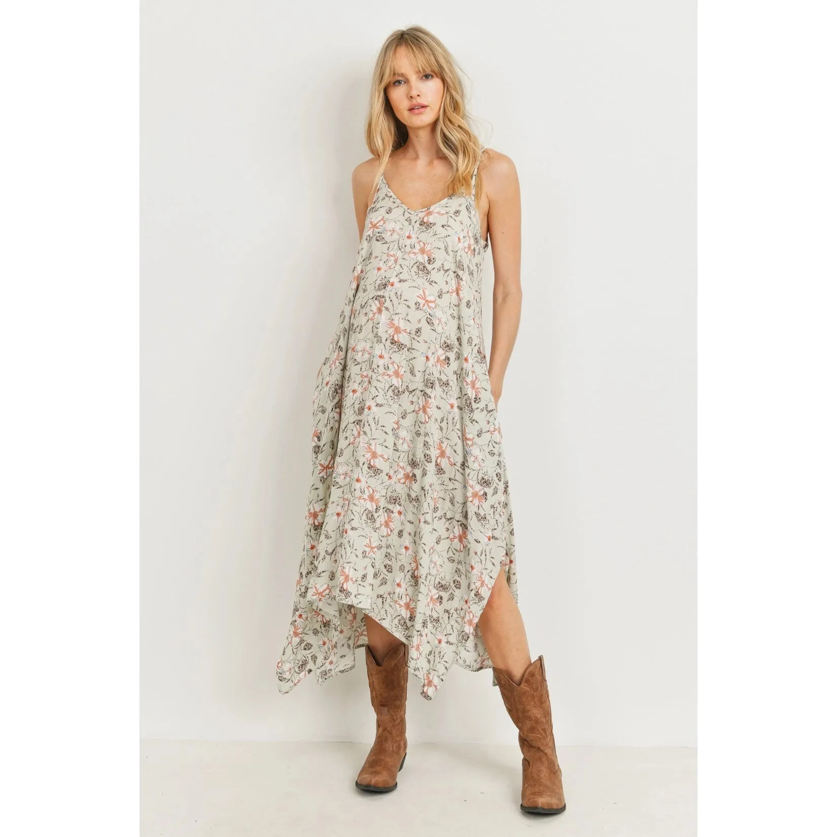 Sage Floral Spaghetti Strap Maternity Midi Dress