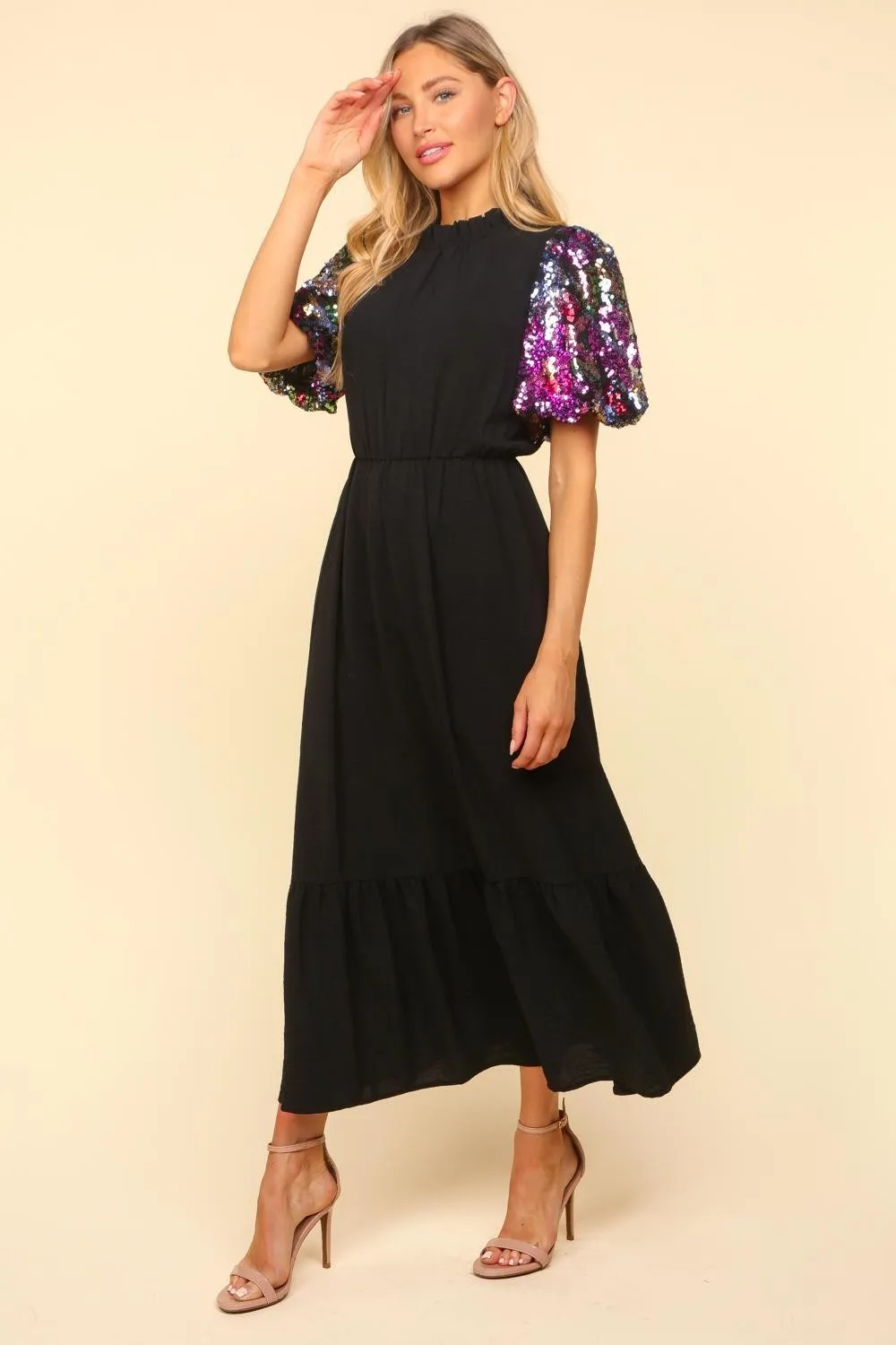 Sequin Puff Sleeve Maxi Dress - Black