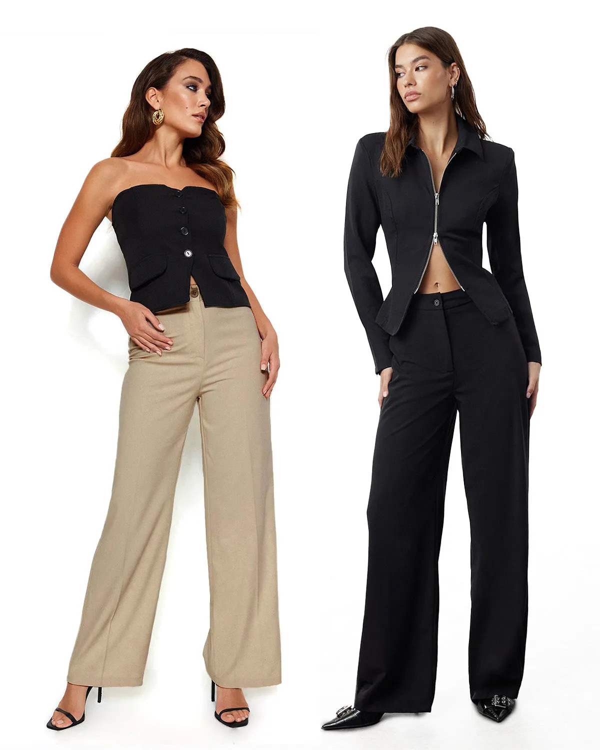 [SET OF 2] HIGH WAISTED PANTS - BEIGE & BLACK